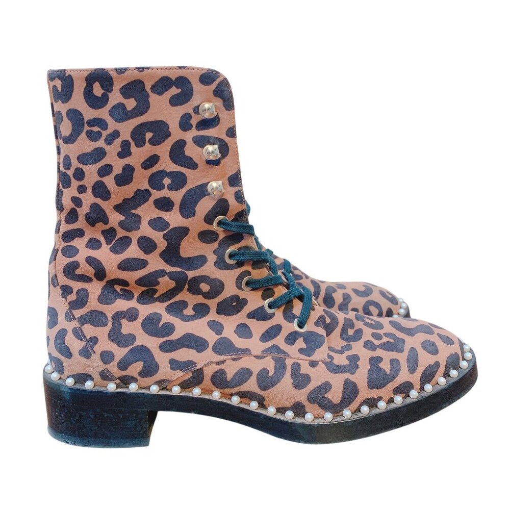 Stuart Weitzman Leopard Animal Print Lace-Up Ankle Boots Pearl Studded Trim 8 - Picture 4 of 7